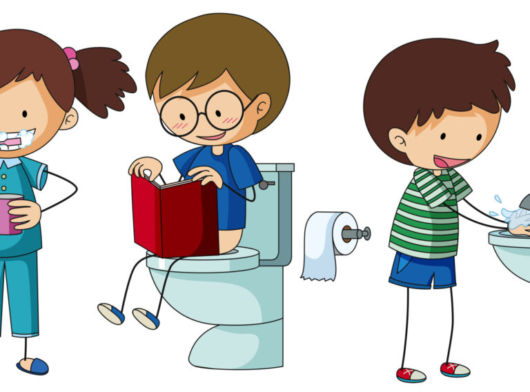 Children doing different routine in bathroom illustration